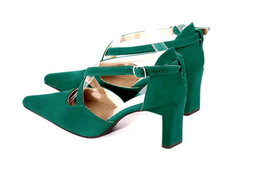 Women's emerald green open side dress shoes, with crossed straps. Tapered toe. High comma heels - Rear view